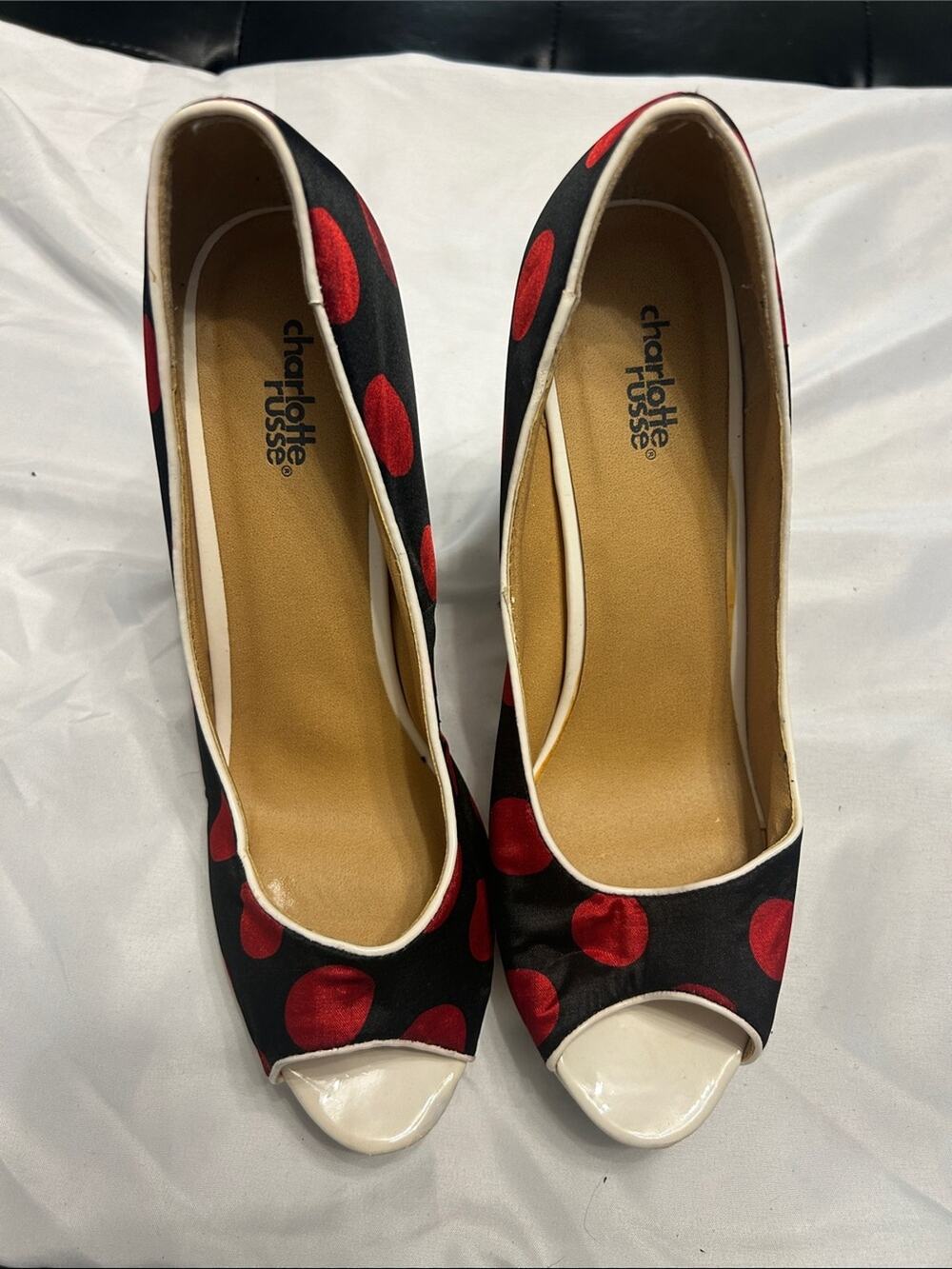 Charlotte Russe Black Peep-Toe Heels with Red Polka Dots and Cream Trim